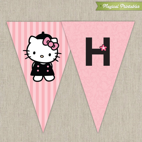 Hello Kitty With French Poodle Paris Printable Birthday Banner Pink 